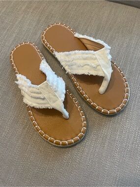 Women’s White Frayed Fabric Thong Sandals with Tan Footbed